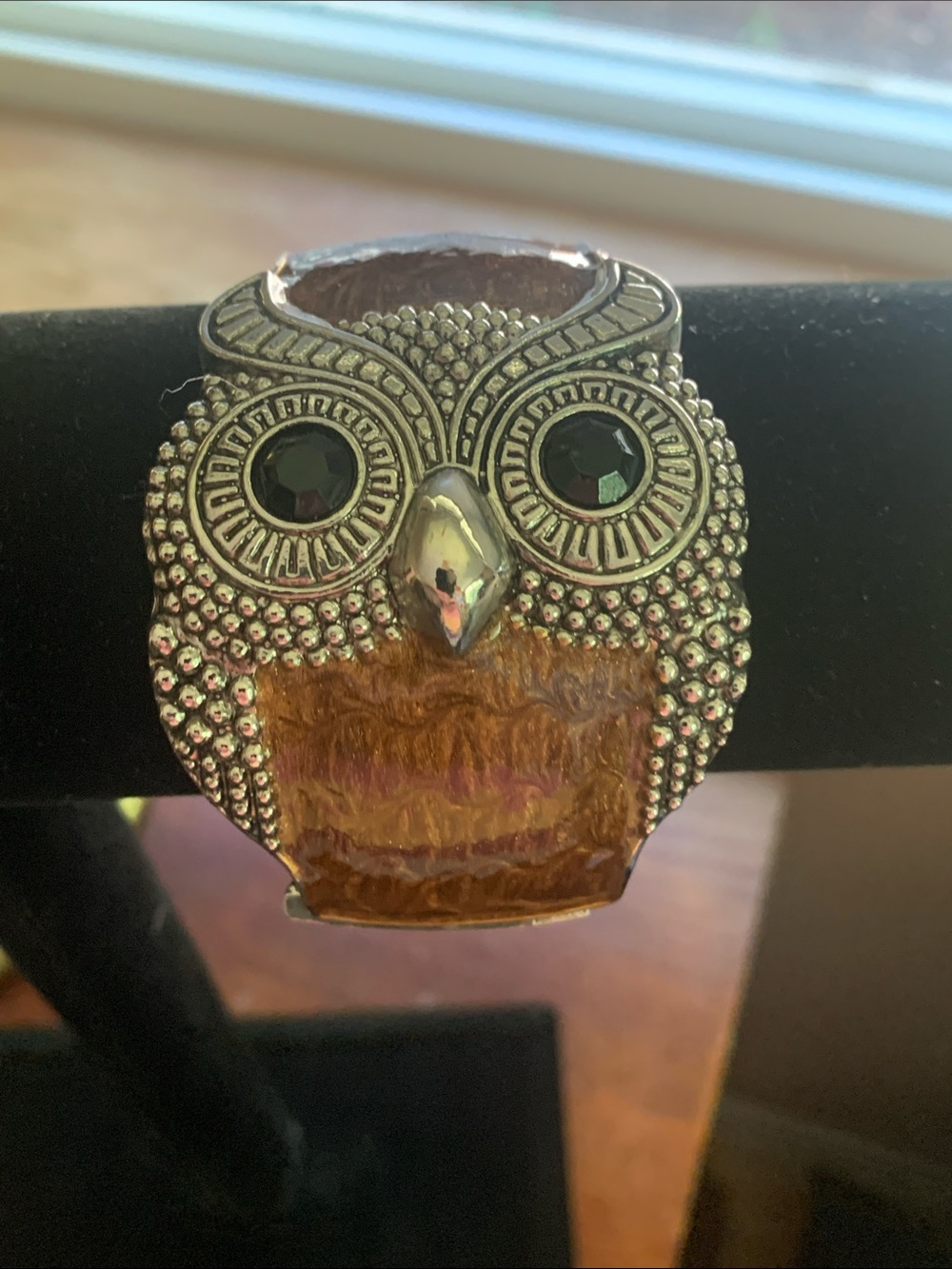 Owl Statement Cuff Bracelet - Amber Brown and Silver